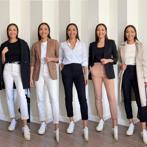 Business Casual Medium Size, Staple Business Casual Pieces, Sneaker Work Outfits Women Winter, Work Wear With Tennis Shoes, 2023 Workwear Women, Tan And White Work Outfit, Loafer Work Outfits Women Summer, Smart Casual Work Capsule, Smart Casual Work Outfit Women Sneakers