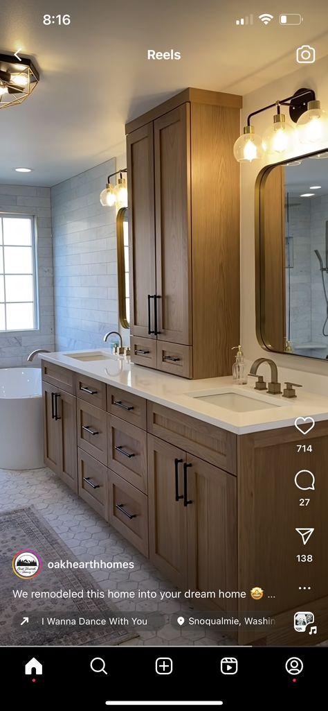 Master Bath Vanity Center Tower, Master Bath Double Vanity With Tower, Double Vanity With Tower In The Middle, Bathroom Vanities With Storage Towers, Double Vanity With Tower, Bathroom Vanity With Storage Tower, Double Vanity With Center Tower, Vanity With Tower, Bathroom Closet Remodel