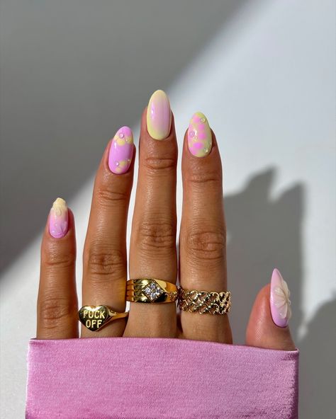 my favourite colour combo and possibly my new favourite set 🌸🍯🎀🌼 rings: • ‘f off’ from @westwoodandhyde • index and middle from @luvaj #nails #nailinspo #summernails #pastelnails #3dnails #nailart #mixandmatchnails Two Colour Nails Color Combos, Each Nail Different Design, Colourful Nails Designs, Rad Nails, F Off, Set Rings, Grl Pwr, Colour Combo, Colorful Nail Designs