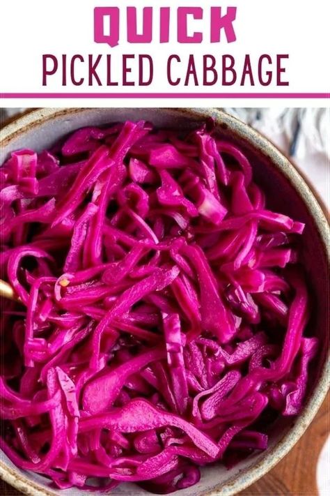 This Pickled Cabbage recipe makes the best pickled red cabbage in only about 10 minutes hands-on time! It completely transforms this veggie and adds an incredible pop of flavor. Use it in sandwiches, on avocado toast, in tacos, on burgers, with pulled pork and more! If you are new to pickling vegetables, this pickled cabbage will be a great recipe to start with. All you need is two large mason jars, red cabbage, and a few common ingredients to get get going. Pickled Purple Cabbage Recipe, Pickled Red Cabbage Uses, Quick Pickled Cabbage For Tacos, Pickled Cabbage And Onions, Quick Pickled Red Cabbage, Pickled Red Cabbage For Tacos, Mexican Pickled Cabbage, Pickled Cabbage For Tacos, Pickled Red Cabbage Recipe