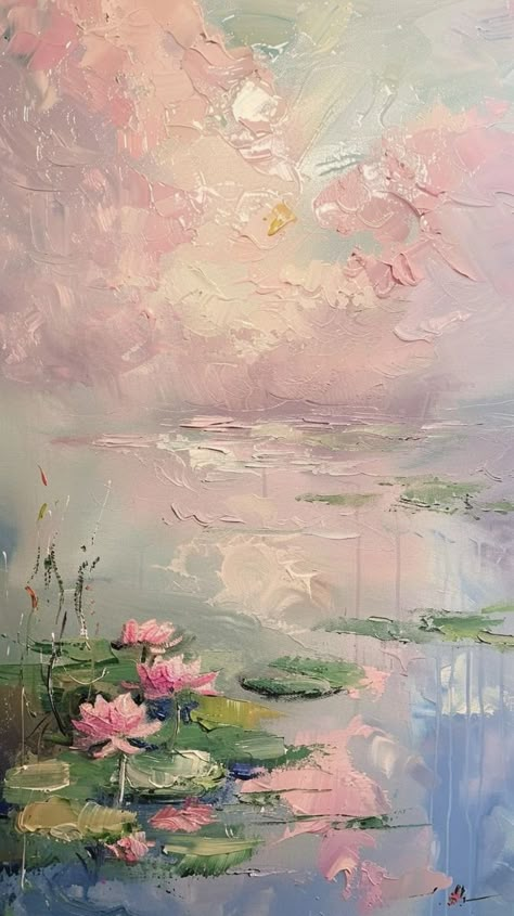 Monet Styled Paintings, Pink Monet Painting, Pond Aesthetic Wallpaper, Lotus Wallpaper Backgrounds, Monet Art Aesthetic, Nature Aesthetic Painting, Girly Painting Ideas, Monet Inspired Art, Lotus In Pond