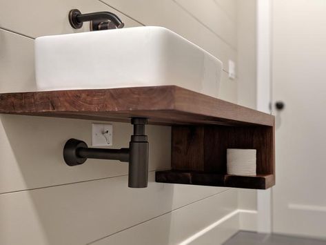 Powder Washroom, Bathroom Decor On A Budget, Hardwood Bathroom, Bathroom Floating Vanity, Makeover Kamar Mandi, Walnut Vanity, Accessible Bathroom Design, Wall Mount Bathroom Faucet, Vanity Modern