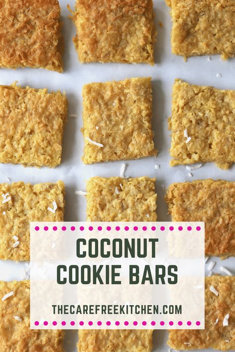 These Coconut Cookie Bars are heavenly!! They are chewy, and just a little crispy on top, and packed with loads of sweet coconut! These amazing cookie bars are going to be your family favorite in no time! Coconut Cookie Bars, Oatmeal Cookie Dough, Coconut Cookie, Cake Mix Cookie Bars, Easy Bar Recipes, Oatmeal Coconut Cookies, Healthy Bars, Coconut Bars, Sugar Cookie Bars