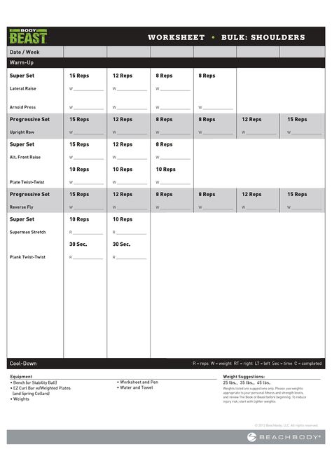 Body Beast Workout Schedule, Body Beast Meal Plan, Body Beast Workout Sheets, Body Worksheet, Shoulder And Arm Workout, Workout Sheets, Beast Workout, Full Body Weight Workout, Body Beast