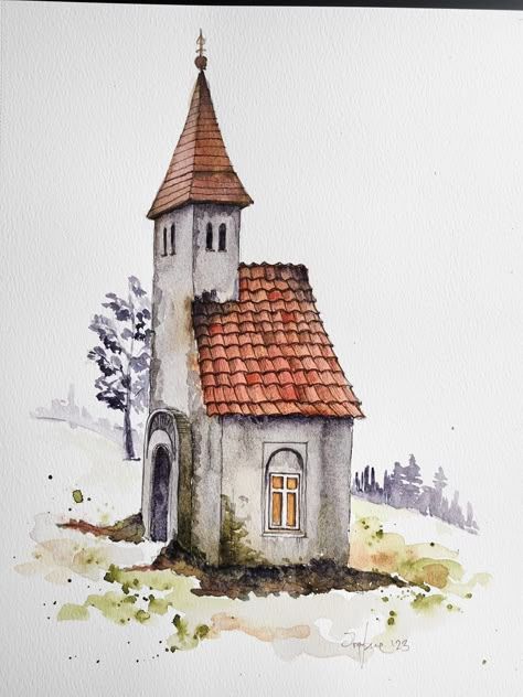 Old church watercolor sketch Ink and Watercolor technique Size: A4 ( 30x22 cm) Paper: 300 g/m Cold press watercolor paper This original watercolor painting features an old handmade structure in an artistic style. The sketch is loose and expressive, adding a sense of movement and life to the piece. This painting would make a beautiful addition to any room, adding a touch of color and character to any space. This is an original piece, painted by me and made just for you, ready to ship and will com Watercolor Quick Sketch, Loose Sketching Watercolor Painting, Old Church Drawing, Watercolor Architecture Sketches, Old Church Paintings, Old House Sketch, Watercolor Buildings Easy, Ink And Wash Watercolors, House Painting On Canvas