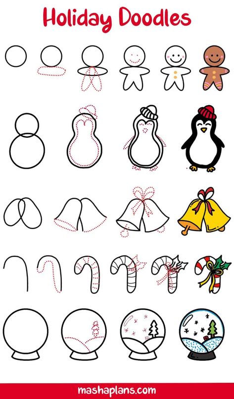 Winter Doodles Step By Step, Easy Winter Doodles, Christmas Doodles Step By Step, Christmas Chalkboard Ideas Easy, How To Draw Doodles, Christmas Art Easy, Christmas Things To Draw, Christmas Doodle Art, Simple Christmas Drawings