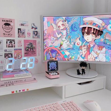 Otaku Desk Setup, Gamer Desk Setup Aesthetic, Cute Desk Setup Bedrooms, Aesthetic Desk Setup Anime, Anime Desk Setup Ideas, Desk Setup Kawaii, Manga Desk Setup, Gaming Pc Ideas, Anime Room Setup