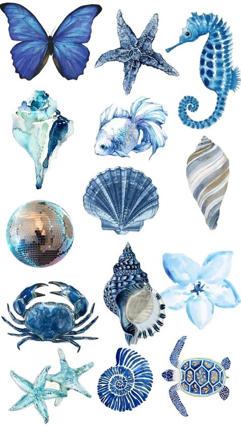 Sea Life Mood Board, Sea Collage, Ocean Collage, Beach Collage, Art Homework, Gcse Textiles, Blue Shell, Aesthetic Blue, Sea Horse