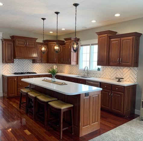 Bar Stools Kitchen Island Cherry Cabinets, White Subway Tile Kitchen Backsplash With Cherry Cabinets, Cherry Cabinet Backsplash Ideas, Cherry Kitchen Backsplash, Cherrywood Cabinet Kitchen Decor, Cherry Hardwood Floors Kitchen, Kitchen Interior Brown Cabinets, Kitchen Inspirations Cherry Cabinets, Cherry Cabinets With Tile Backsplash