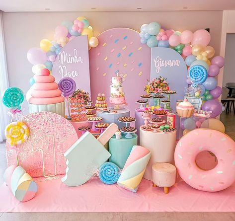 Ice Cream Birthday Party Theme, Candy Theme Birthday Party, Donut Themed Birthday Party, Candy Themed Party, Candy Land Birthday Party, Diy Cement, Two Birthday, Candy Land Christmas Door, Donut Birthday Parties