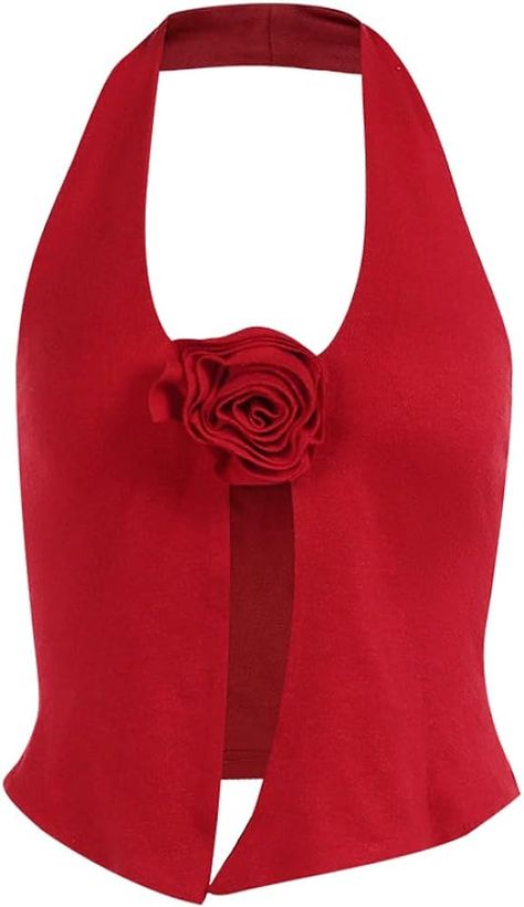 SUPOMAX Women’s Sexy V Neck Knit Crop Tops Backless Sleeveless Vintage Flower Halter Top Basic Summer Going Out Tank Tops (US, Alpha, Medium, Regular, Regular, Red) at Amazon Women’s Clothing store Martini Outfit, V Neck Halter Top, Crop Top Y2k, Button Crop Top, Moda Cyberpunk, Backless Halter Top, Vest For Women, Cropped Camisole, Media Screen