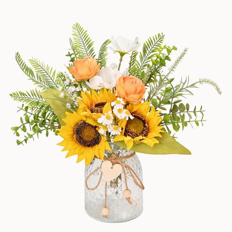 PRICES MAY VARY. ✿Realistic & Elegant: A bouquet fake sunflower bouquet, A glass vase decorated with twine. We have chosen some fake plants floral, daisy, artificial eucalyptus flowers fake plants of different colors to bring a unique flavor to your farmhouse decor. Coordinating colors with ceramic vases is simple but not monotonous, and looks quite natural. ✿Suitable Size: Overall – 6"(W) x 12"(H) (Artificial flowers for decoration full height). Vase height – 6.1”(H),the width of the bottom–4"( Rose And Sunflower Bouquet Vase, Sunflower Wedding Vases, Bridesmaid Dresses With Sunflower Bouquets, Sunflower Centerpieces Wedding Budget-bride.shop, Faux Flowers In Vase, Fake Flower Centerpieces, Bouquet Fake Flowers, White Rose Centerpieces, Sunflower Arrangement