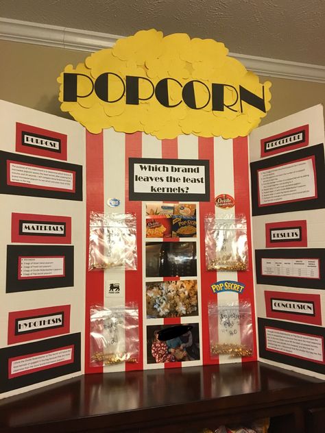 Science fair, popcorn science, fourth grade Science Fair Boards Ideas, Easy Science Fair Ideas, Class Science Fair Projects, Quick And Easy Science Fair Projects, Science Fair Popcorn Project, Aesthetic Trifold Project, Science Fair Projects Popcorn, Cute Science Fair Projects, Science Fair Topics Middle School