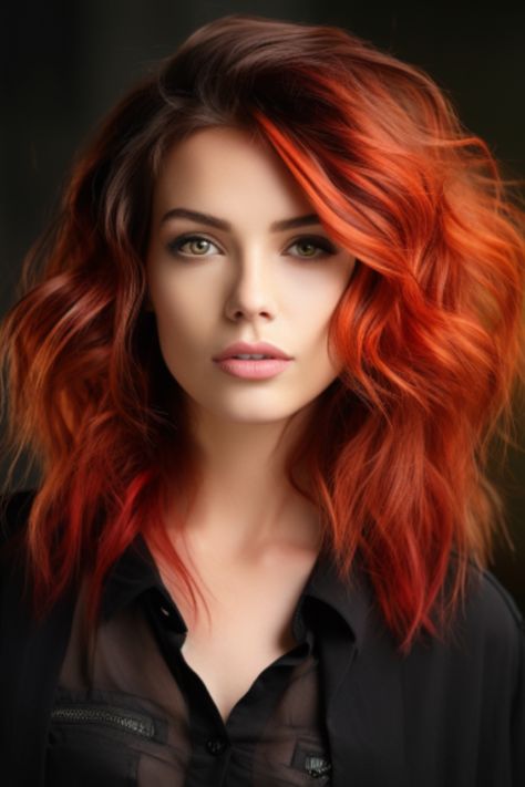 The flaming red ombre starts with a deep red at the roots and fades into a fiery red at the tips. Ideal for long hair, this gradient demands attention. Click here to check out more gorgeous red hair color ideas trending in 2023. Flame Colored Hair, Sunset Red Hair, Funky Red Hair, Red Hair With Root Smudge, Dark Root Red Hair, Ombre Hair Color Red, Flame Hair Color, Fire Red Hair Color, Red Hair With Dimension