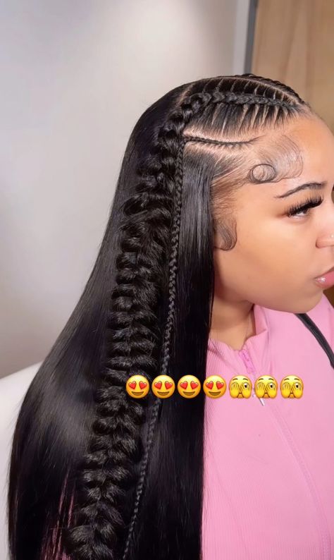 Hair Styles For Weave, Crimped Hairstyles Black Women, 2 Butterfly Braids On Wig, Hairstyle Bridesmaid Long Hair, Braids Weave In The Back, Cute Hairstyles For Festivals, Track Hairstyles Black Sew Ins, 2 Braid Quick Weave, Matching Hairstyles For Friends Braids