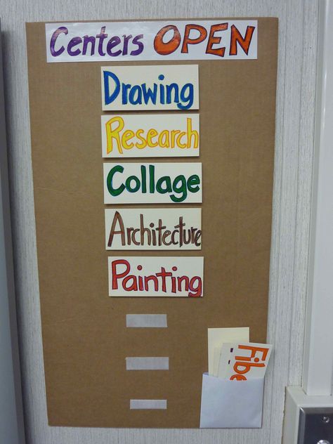 Easy method for posting daily centers. Use velcro to attach signs Tab Art, Art Classroom Organization, Art Room Posters, Art Classroom Management, Art Rooms, Art Classroom Decor, Pinterest Art, Classroom Centers, Education Art