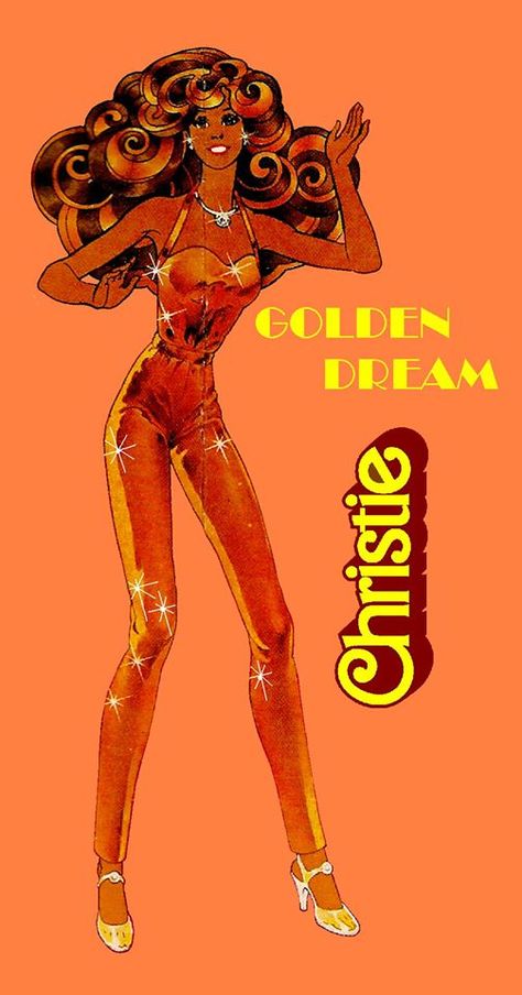 "GOLDEN DREAM CHRISTIE"  This is the style of artwork that made me fall in love with Barbie (The Superstar Era) ROCKS!!!!!!! Black Barbie Art, Barbie Illustration Vintage, Golden Dream Barbie, 70s Lookbook, Vintage Black Barbie Art, 1950s Barbie Illustration, Black Barbie Illustrations, 1960s Barbie Illustration, Afro Barbie