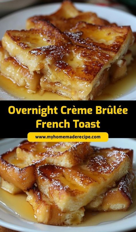 This Overnight Crème Brûlée French Toast is a decadent breakfast treat! Rich, custardy, and caramelized, it’s perfect for brunch or a special weekend breakfast French Toast Recipe Heavy Cream, Cream Brulee French Toast, Creme Brulee French Toast Casserole, Crème Brûlée French Toast, Cracker Barrel French Toast, Brulee French Toast, Decadent Breakfast, French Toast Bread Pudding, Fluffy French Toast