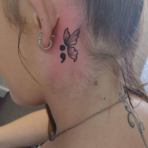 Top 65 Best Semicolon Butterfly Tattoo Ideas - 2021 Inspiration Guide Semi-colon Butterfly Tattoo, Semicolon Wrist Tattoo, Butterfly Semicolon, Butterfly Tattoo Behind Ear, Semicolon Tattoo Meaning, Tattoo Ear, Colon Tattoo, Butterfly Neck Tattoo, Behind Ear Tattoos