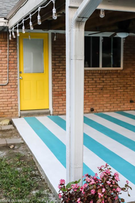 Our Patio Makeover - Color Changes Everything! | Amber Oliver Painted Floor Ideas, Vct Flooring, Painted Bathroom Floors, Paint Linoleum, White Porch, Painted Wood Floors, Porch Paint, Adirondack Furniture, Painting Tile Floors