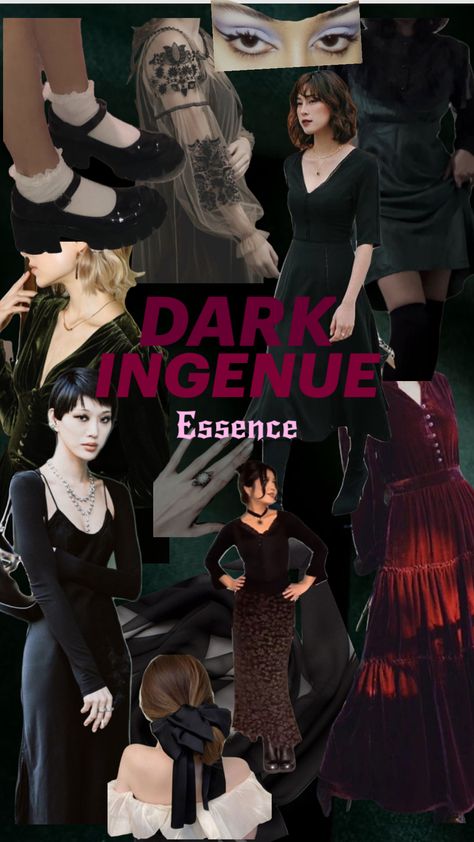 Dark Ingenue Essence Style #kibbe #witchyoutifts #darkacademiaaesthetic Black Feminine Outfit, Deep Winter Palette Outfits, Dark Feminine Style, Ingenue Essence, Kibbe Romantic, Fashion Dream Job, Gamine Style, Soft Gamine, Romantic Goth