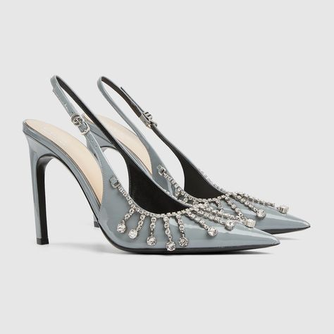 Gucci Shoes Women, Grey High Heels, Gucci Heels, Grey Heels, Womens Pumps, Fancy Shoes, Luxury Purses, Airport Fashion, Crystal Chain