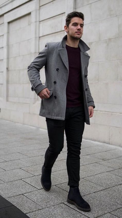 I dress myself, not to impress, but for comfort and for style  #Angeljackets #mensfashion #cyberweek #cyberweeksale #cyberweekdiscount #trendylook #casual #woolblend #angeljackets Grey Peacoat Outfit Men, Gray Peacoat Outfit, Men Peacoat Outfit, Peacoat Outfit Men, Peacoat Outfits, Monochrome Outfit Men, Men Peacoat, Peacoat Outfit, Gray Peacoat