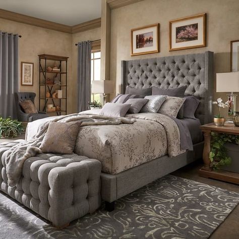 Naples Wingback Button Tufted Tall Headboard Platform Bed by iNSPIRE Q Artisan - On Sale - Bed Bath & Beyond - 19511627 High Headboard Bed, High Headboard Beds, High Headboard, Cozy Bedrooms, Bespoke Beds, Cozy Homes, Headboard Bed, Wingback Bed, Tall Headboard