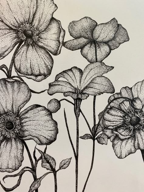 Pointillism / stipple effect flower illustration. Hand drawn illustrations. Overlapping Flower Drawing, Tattoos With Stippling, Flower Stippling Art, Intricate Flower Drawing, Stippling Art Flowers, Ink Illustrations Flowers, Pointilism Flowers Art, Flower Pedals Drawings, Black And White Art Projects