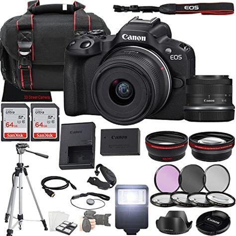 Canon EOS R50 Mirrorless Camera w/RF-S 18-45mm f/4.5-6.3 is STM Lens + 2X 64GB Memory + Case + Filters + More (35pc Bundle) Check more at https://us.productsoffer.in/canon-eos-r50-mirrorless-camera-w-rf-s-18-45mm-f-4-5-6-3-is-stm-lens-2x-64gb-memory-case-filters-more-35pc-bundle/ Canon R50 Photography, Canon Eos R50, Canon R50, Memory Case, Photography Moodboard, Camera Rig, Photography Basics, Canon Camera, Brand Board