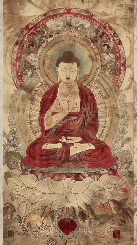 The image is a painting of Buddha sitting on a lotus flower. He is surrounded by a halo and is making a mudra with his hands ->> more details in ai-img-gen.com Chinese Buddha Painting, Buddha Illustration Art, Painting Of Buddha, Lady Buddha, Chinese Folklore, Chinese Buddha, Buddha Art Painting, Wall Murals Painted, Buddha Painting