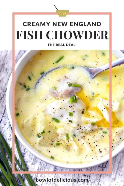 New England Fish Chowder is an easy soup recipe to make with cod or another whitefish, potatoes, and only a few other ingredients! This fish chowder is gluten-free, and uses scalded milk, a pinch of nutmeg, thyme and bay leaves, and PERFECTLY poached fish for the ultimate authentic creamy New England fish chowder recipe. Fish Chowder Recipe New England, Fish Chowder Recipe, Easy Soup Recipe, Poached Fish, Potatoes And Onions, Fish Chowder, Chowder Recipe, Fish Stew, Easy Soup