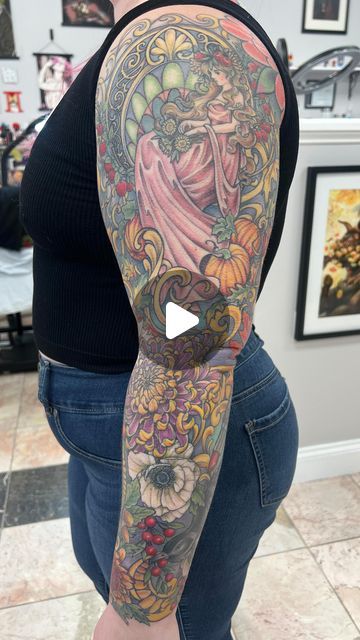 Bridget Punsalang on Instagram: "Finished up @toreynicole.tattoos autumn Art Nouveau sleeve with a final touch up the other day! We got it done just in time for the wedding but it needed a quick final beauty pass. Done at @bittersweetblackbirdtattoo Using @truetubes @cheyenne_tattooequipment #Tattoo #tattoos #colortattoo #ornamentaltattoo #artnouveautattoo #femininetattoo #floraltattoo #botanicaltattoo #illustrativetattoo #tattooartist #femaletattooartist #ladytattooers #upstatenewyork #cliftonpark #truetubes #truecartridges #solnovaunlimited" Art Nouveau Tattoo Sleeve, Art Nouveau Tattoo, Nouveau Tattoo, Mad Hat, Female Tattoo Artists, Botanical Tattoo, Feminine Tattoos, Autumn Art, Touch Up