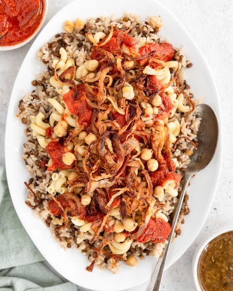 Koshary Egyptian, Egyptian Koshari Recipe, Koshari Recipe, Egyptian Rice, Rice And Lentils, Rice Lentils, Red Split Lentils, Cucumber Dill Salad, Lentil Pasta