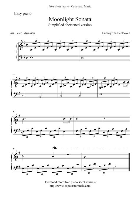 Free Sheet Music Scores: Free easy piano sheet music, Moonlight Sonata by Beethoven Moonlight Sonata Sheet Music, Piano Songs Sheet Music, Piano Sheet Music Letters, Piano Music Easy, Beginner Piano Music, Easy Sheet Music, Free Piano Sheets, Piano Notes Songs, Piano Sheet Music Classical