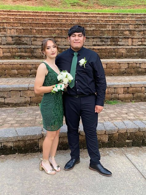 Emerald green Emerald Green Hoco Couple, Green Hoco Couple, Emerald Green Homecoming Dress, Emerald Green Homecoming, Matchy Outfit Couple, Emerald Green Homecoming Dresses, Green Homecoming Dresses, Winter Formal, Couple Outfits