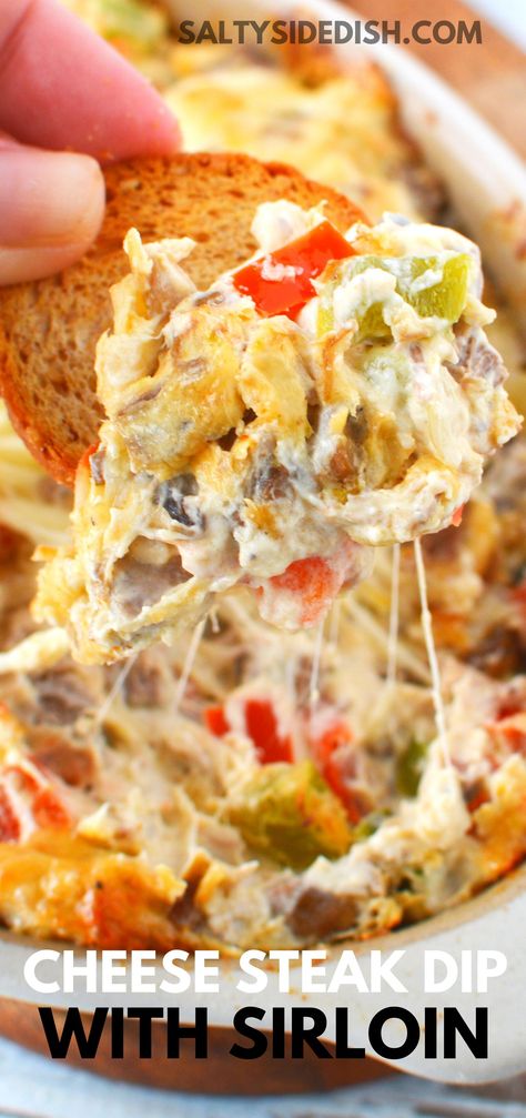 This loaded oven baked philly cheesecake dip is hearty, delicious, and so easy to make. With tons of vegetables, savory sirloin and loads of cheese, you will be delighted to know that this dip is also keto friendly and low carb. Just be careful what you serve it with to keep it that way!  #dip #recipe #hotdips #cheeseteakdip #phillycheesesteakdip #dip #cheesedip #appetizer #phillydip Oven Baked Dips, Baked Philly Cheese Steak, Steak Dip, Philly Cheesecake, Cheesesteak Dip, Steak Appetizers, Leftover Steak Recipes, Philly Cheese Steak Dip, Dip Party