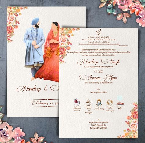 New Rules For Anand Karaj: Sikh Wedding Outfits, Destination Weddings & More - Eternity UK Sikh Wedding Invitations Cards, Sikh Wedding Card, Sikh Wedding Invitation, Spring Wedding Outfit, Anand Karaj, Wedding Invitation Video, Wedding Invitation Card Design, Bride And Groom Pictures, Sikh Wedding