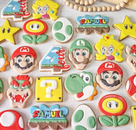 Mario Kart Birthday Cookies, Super Mario Cookies Birthday, Super Mario First Birthday, 4th Birthday Party For Boys Mario, Mario Cart Cookies, Mario Theme Cookies, Mario And Luigi Cookies, Mario Party Cookies, Mario Birthday Party Cookies