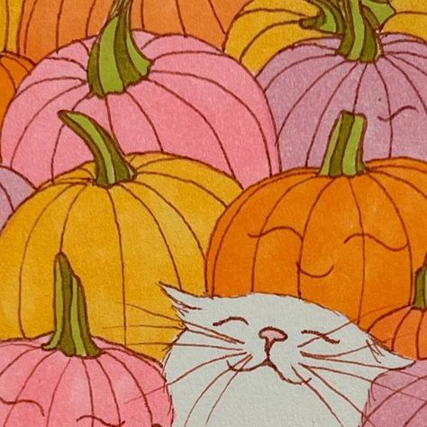 Marisol Muro on Instagram: "The happiest cat at the pumpkin patch ☺️" October Wallpaper, Fall Cats, Pumpkin Wallpaper, Pumpkin Illustration, Autumn Illustration, Pumpkin Art, Cat Pumpkin, Halloween Illustration, October 7