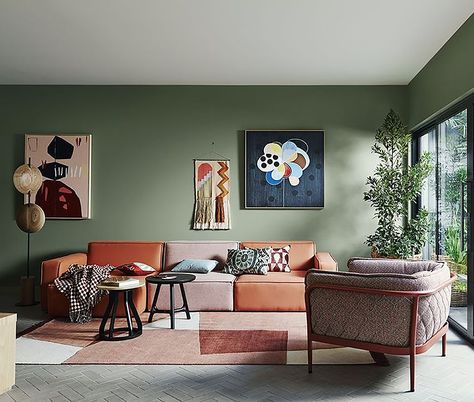 Shades of dusty greens are having a moment this season! Softer green hues have been very popular, and are a great option for people who naturally gravitate towards more neutral tones.   | 📸: Dulux Dusty Green Living Room Living Room Colour Schemes, Green Accent Walls, Kabinet Dapur, Interior Vintage, Living Room Color Schemes, Isamu Noguchi, Room Color Schemes, Living Room Green, Design Del Prodotto