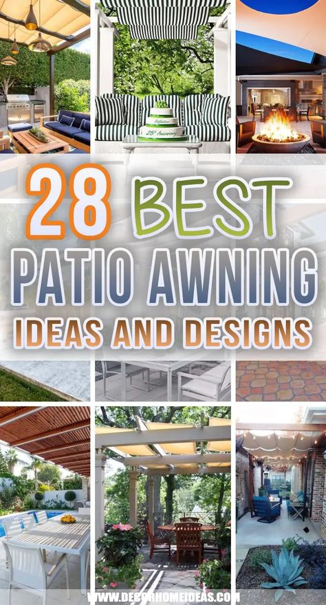 Build Awning Over Patio, Deck Fire Pit Ideas Patio Design, Back Deck Awning Ideas, Decks With Shade Structure, Front Yard Awning Ideas, Diy Deck Awning Ideas, Shade Awning Ideas, Outdoor Patio Ideas On A Budget Pergolas Back Yard, Patio Covering Ideas Diy