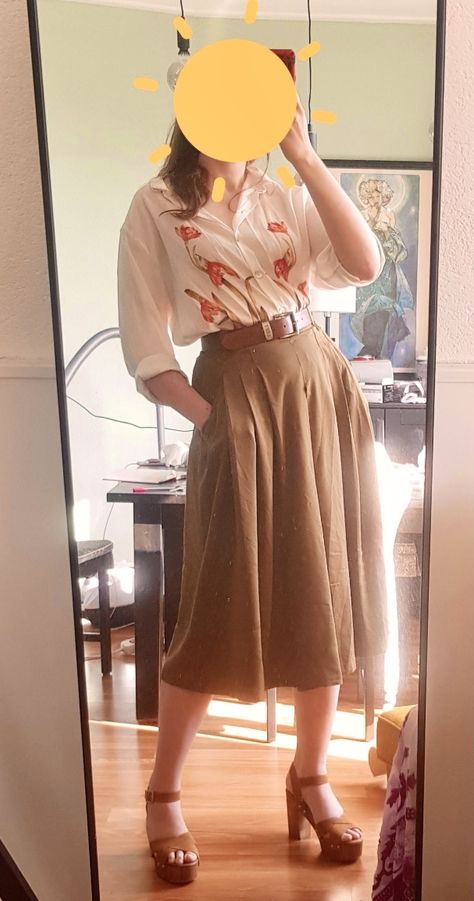 A lady standing in front of a mirror, wearing a blouse with red flowers, brown culottes with a belt, and brown leather heeled sandals. Practical Cottagecore Outfits, Cute Librarian Aesthetic, Librarian Fashion Outfits, Minimal Cottagecore Outfits, Cottagecore Business Outfit, Spring Librarian Outfit, Library Core Aesthetic Outfits, Cottagecore Date Outfit, Librarian Outfit Summer