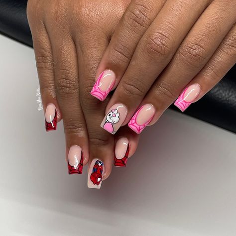 Spider-Man and hello kitty 💕 Acrylic full set Handpainted characters Book Via Link in Bio or DM #handpaintedcharacters #handpaintednails #yessmianails #nailartist #clearwaternails #oldsmarnails #dunedinnails #safetyharbornails #nailart #tampabaynails #clearwatersalon #palmharbornails Acrylic Spiderman Nails, Hello Kitty Spider Man Nails, Hello Kitty Spiderman Nails, Spider Man And Hello Kitty Nails, Hello Kitty And Spiderman Nails, Spider Man Nails Short, Spider Man And Hello Kitty, Spider Man Nails, Spiderman Nails