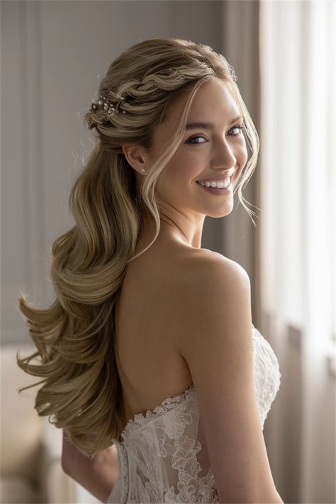 Capture the magic of your special day with this stunning half up half down hair hairstyle, perfect for brides seeking a blend of romance and elegance. The soft waves cascading down your back create an enchanting aura, while the intricately styled crown adds a touch of sophistication. Embrace this timeless look to complement your wedding theme and make your day unforgettable! Wedding Hairstyles Soft Waves, Bridal Hair From Front View Half Up, Glam Wedding Hair Half Up, Wedding Reception Hairstyles Bride, Elegant Waves Hairstyles, Half Up Half Down Bridal Hair With Veil, Unique Bridal Hairstyles, Hair Styles For Bridesmaids, Wedding Reception Hairstyles