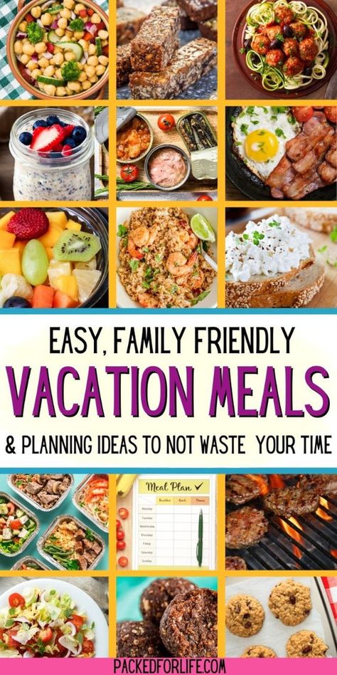 Super quick and easy ideas for tasty meals at a cabin, condo or vacation rental, any time of year, that all ages will love. With a fun meal planning food menu, for the best ever 7 day vacation meal plan. Simple tips for meal planning to keep your kitchen time to a minumum. Vacation condo meal plan. Vacation rental meal ideas. Vacation rental meal planning. Meal ideas for cabin vacation. Travel hacks for vacation meal planning. Travel meal ideas. Meal ideas for beach vacation, summer vacation, winter vacation or fall vacation. Vacation Meal Ideas Families, Beach Vacation Menu Ideas, Foods To Take On Vacation, Vacation Condo Meals, Houseboat Meal Planning, Summer Cabin Meals, Food For Cabin Trip Meal Planning, Meals For Beach Vacation Families, Easy Meals To Pack For Traveling