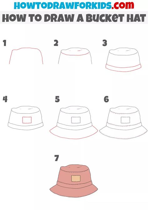 How to Draw a Bucket Hat - Easy Drawing Tutorial For Kids How To Draw A Bucket Hat, Bucket Hat Sketch, How To Draw A Hat, Bucket Hat Drawing, Cap Sketch, Drawing Hats, Yellow Bucket Hat, Draw Clothes, Oc Dress