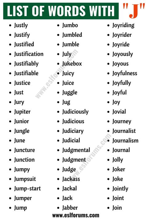 Words that Start with J | List of 120+ Common J Words in English Words Starting With J, Best Scrabble Words, J Words, Scrabble Words, List Of Words, Words With Friends, Essay Writing Skills, Good Vocabulary Words, Good Vocabulary