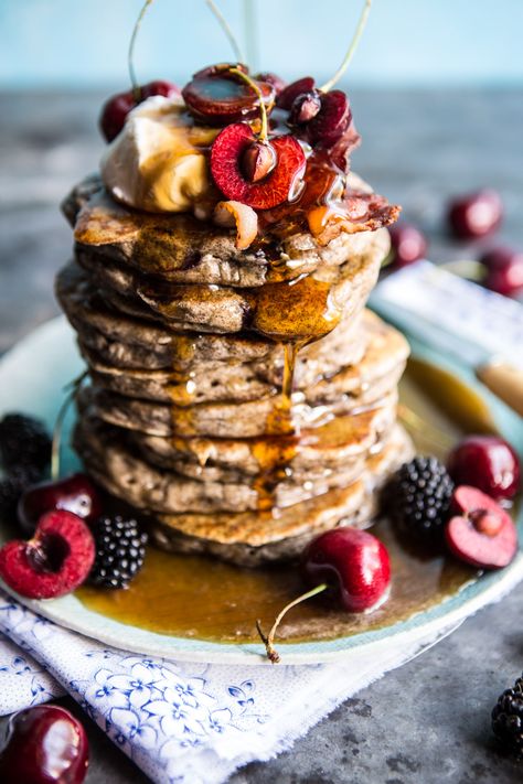 Sweet Cherry Buckwheat Pancakes with Bourbon Butter Syrup + Bacon… Teff Pancakes, Fluffy Gluten Free Pancakes, Teff Recipes, Bourbon Butter, Classic Pancake Recipe, Butter Syrup, Lazy Cat Kitchen, Bojon Gourmet, Cat Kitchen