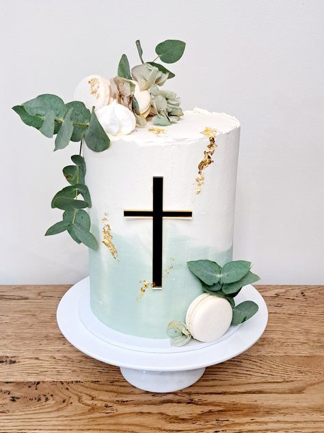 Ombre buttercream Christening cake with gold leaf Simple Confirmation Cakes, Boys Confirmation Cake, Green Baptism Cake, Boys Christening Cake, Communion Cakes Girl, Baptismal Cake Boy Simple, Confirmation Cakes For Boys, Baptism Cake Ideas, Christening Cake Girl